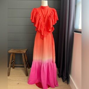 Young Fabulous & Broke Vibrant Ombré Orange Pink Maxi Ruffle Dress Summer Spring